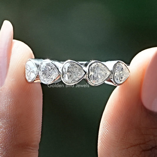 Heart five-stone moissanite wedding band with five round stones on silver-toned band