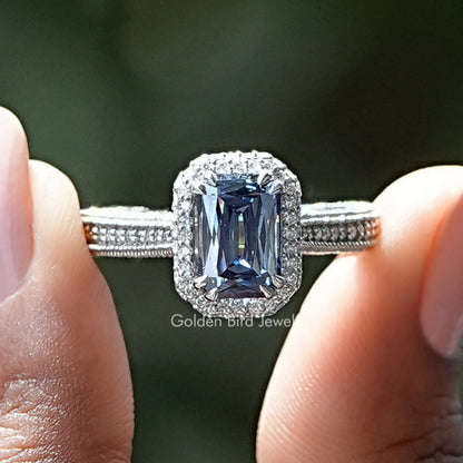 Sapphire blue moissanite double halo ring with criss-cut center, silver band
