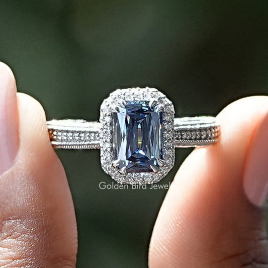 Sapphire blue moissanite double halo ring with criss-cut center, silver band