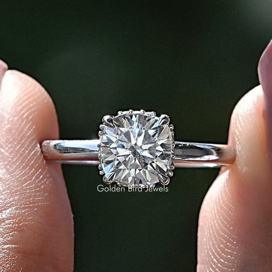Cushion-cut lab diamond hidden halo ring, white metal band, prong-set