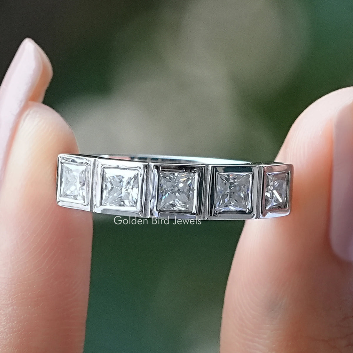 Five-stone princess-cut moissanite ring band in silver, five square stones
