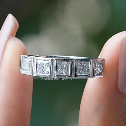 Five-stone princess-cut moissanite ring band in silver, five square stones