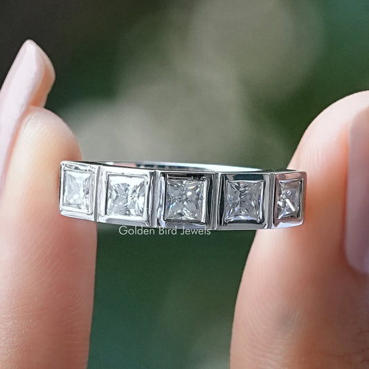 Five-stone princess-cut moissanite ring band in silver, five square stones