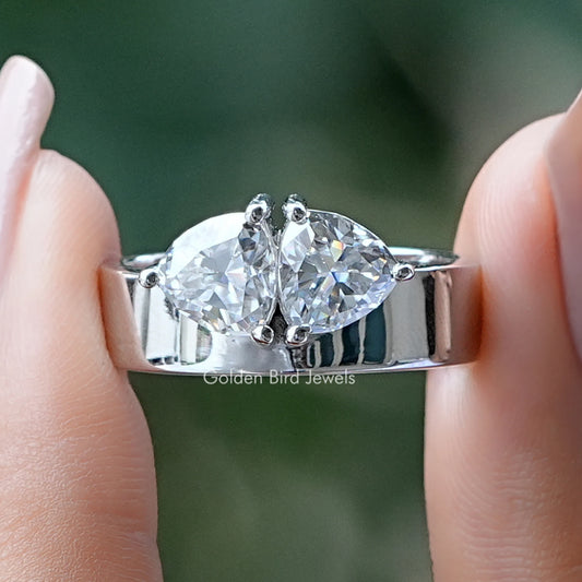 Two-stone moissanite engagement ring front view with two large prong-set stones