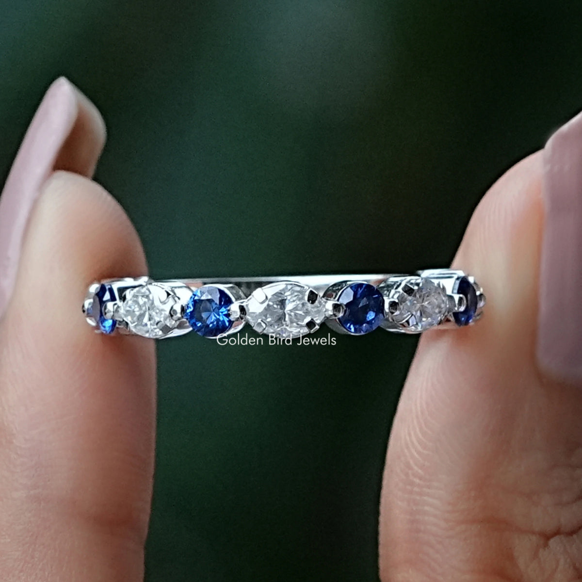 Moissanite ring band in silver with alternating round and marquise stones