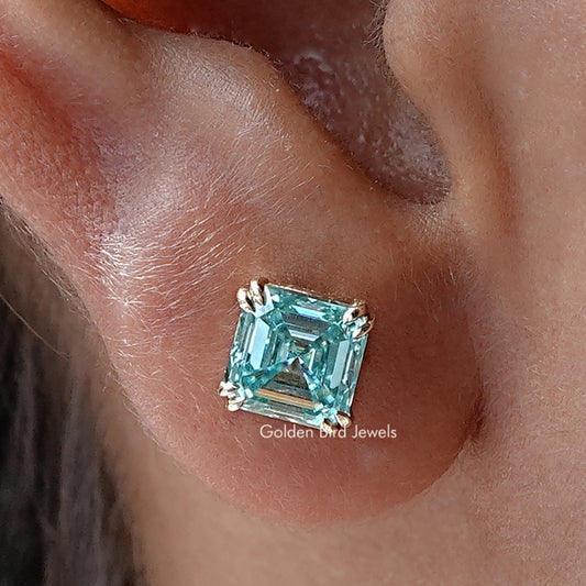 Asscher-cut blue moissanite solitaire stud earrings with silver prongs
