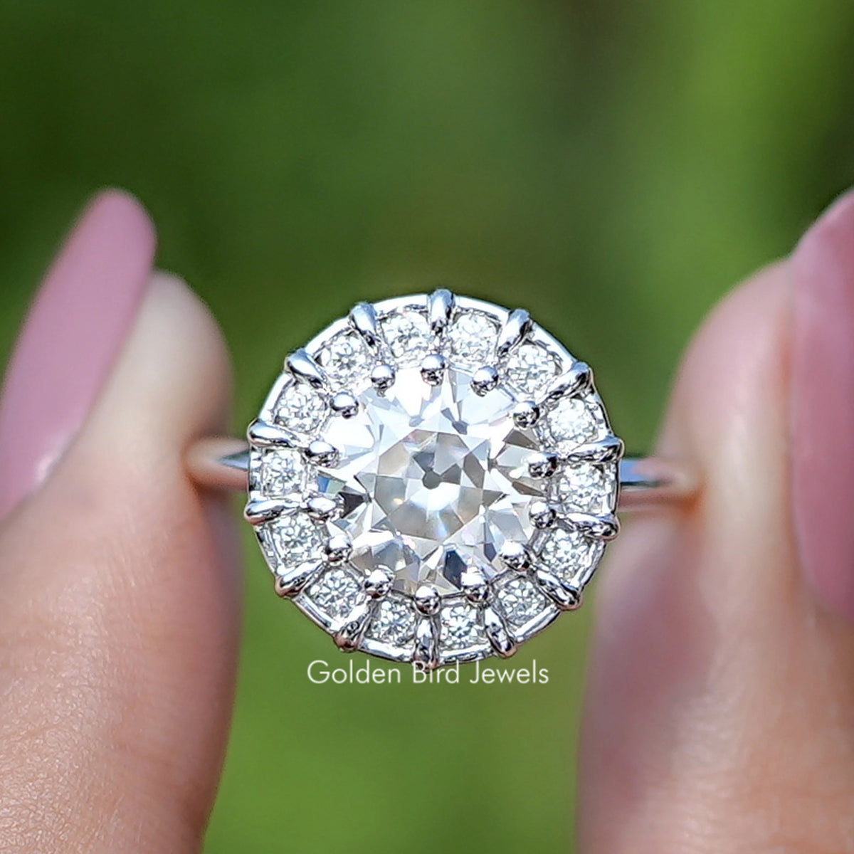 Close-up of round halo engagement ring, bright center moissanite with small stones