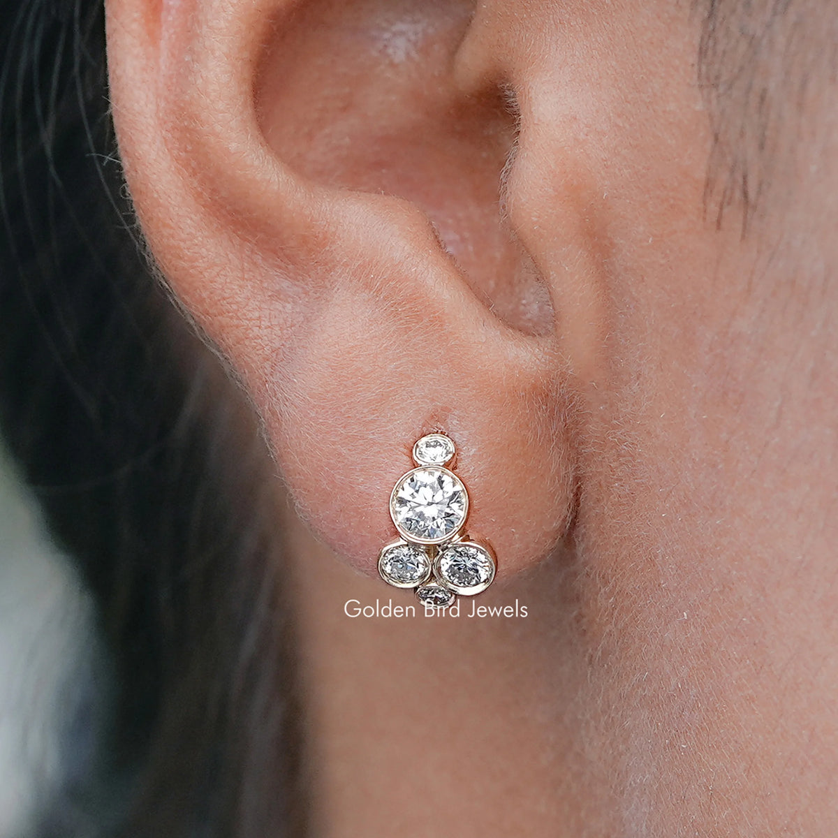Gold-tone huggie earrings with round lab-grown diamond clusters
