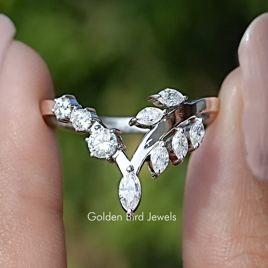 Moissanite marquise-cut V wedding band, curved setting detail