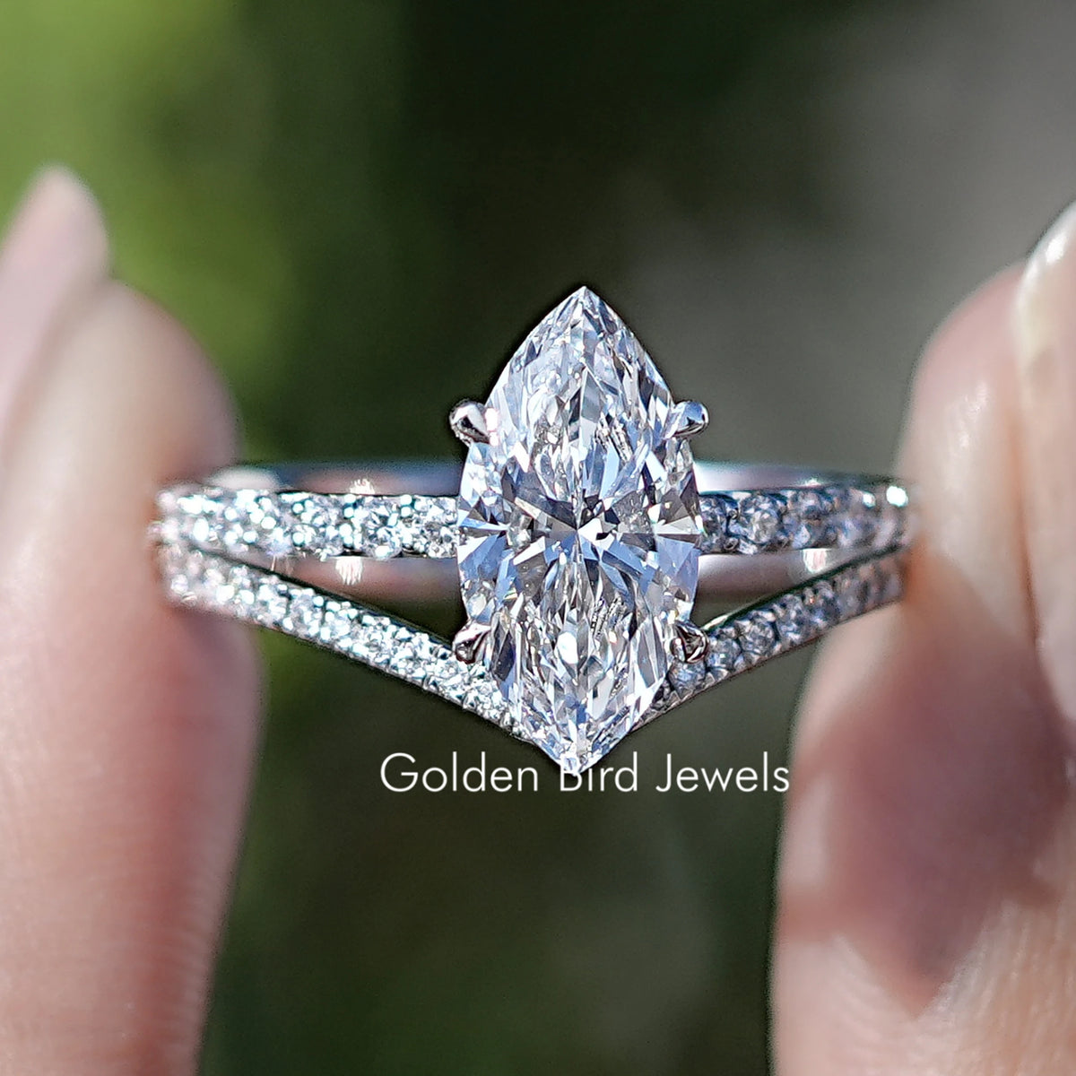 Marquise-cut lab diamond bridal ring set with marquise center and side stones