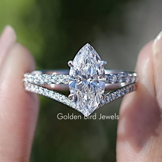 Marquise-cut lab diamond bridal ring set with marquise center and side stones
