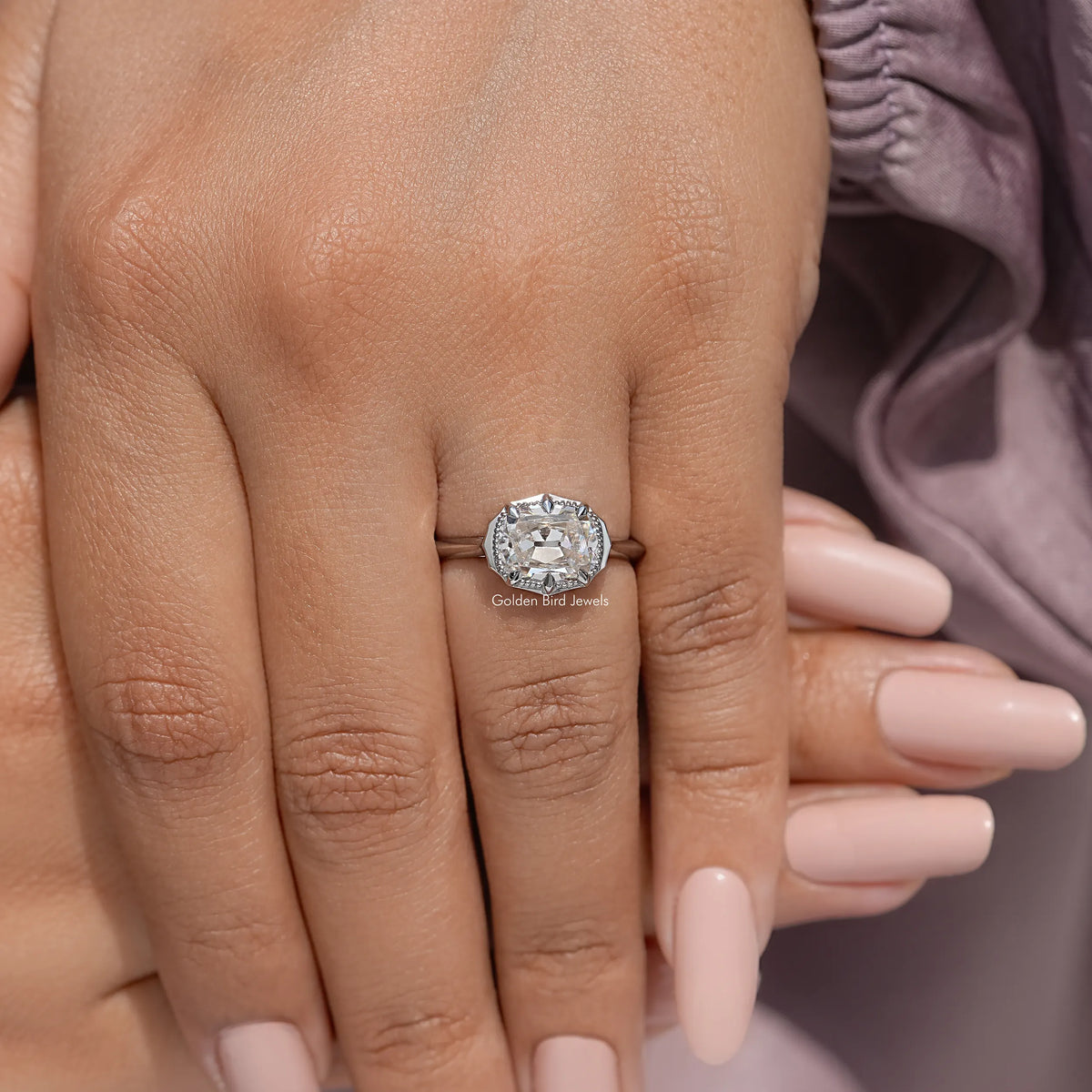 East West Old Mine Cushion Moissanite Solitaire Ring