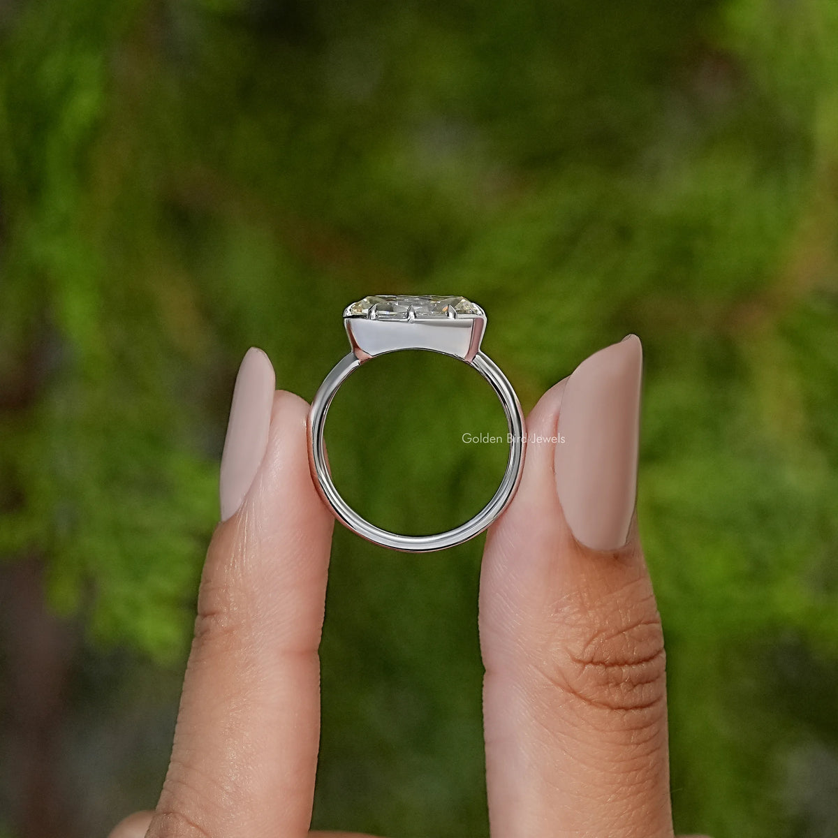 East West Old Mine Moval Moissanite Solitaire Ring