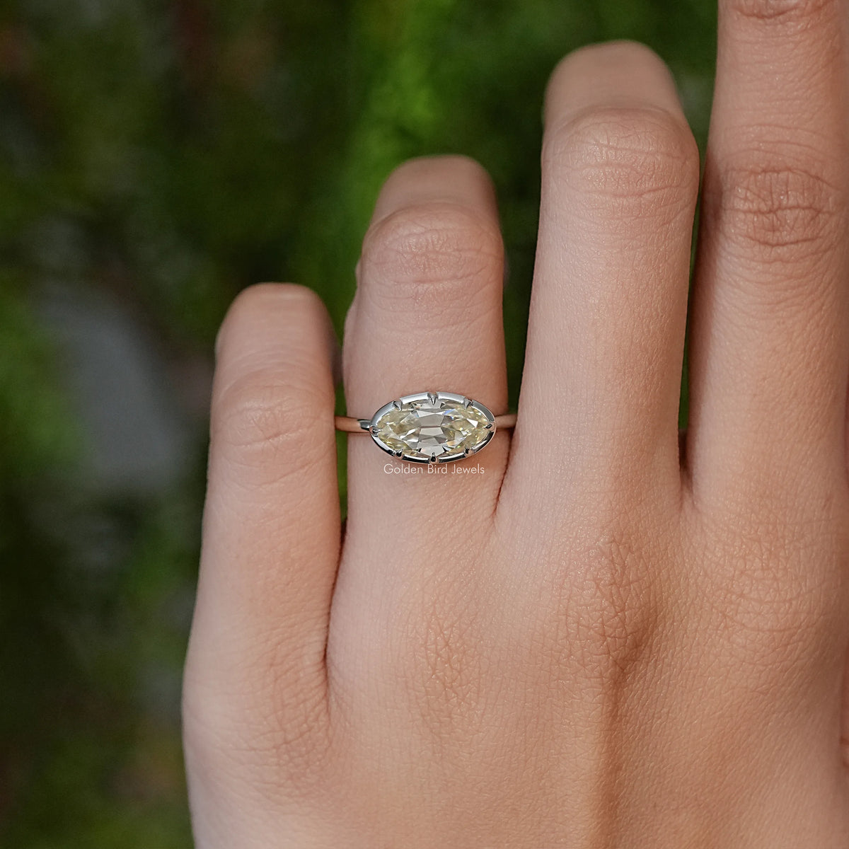 East West Old Mine Moval Moissanite Solitaire Ring