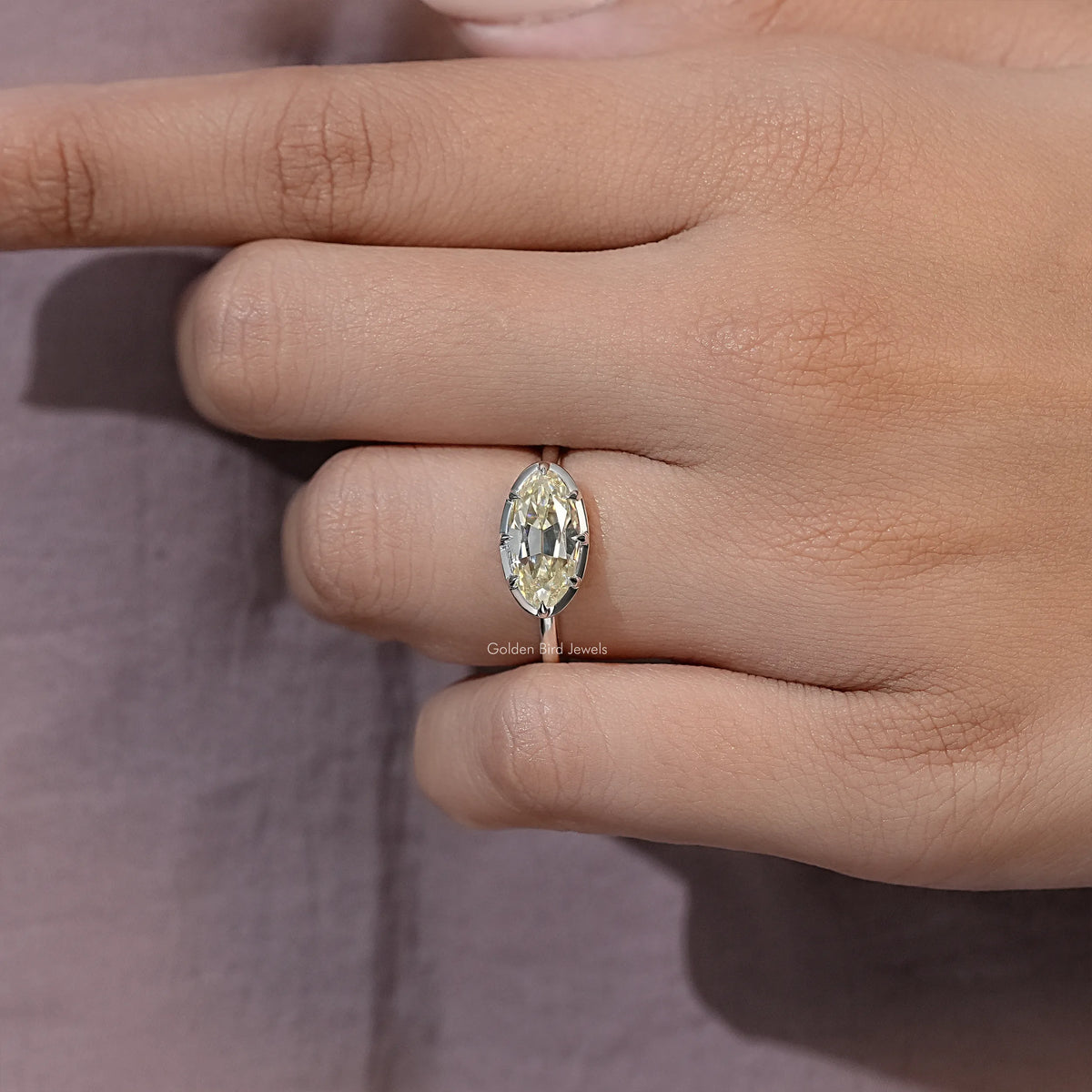 East West Old Mine Moval Moissanite Solitaire Ring