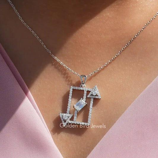 Silver pendant necklace with emerald-cut moissanite, geometric halo and dangling accents