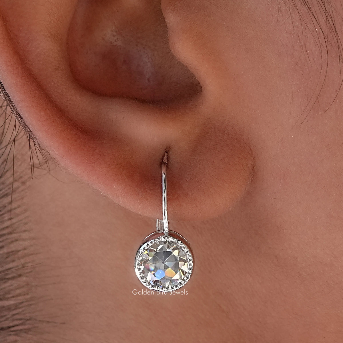 Round moissanite dangle earring with prong-set round clear stone