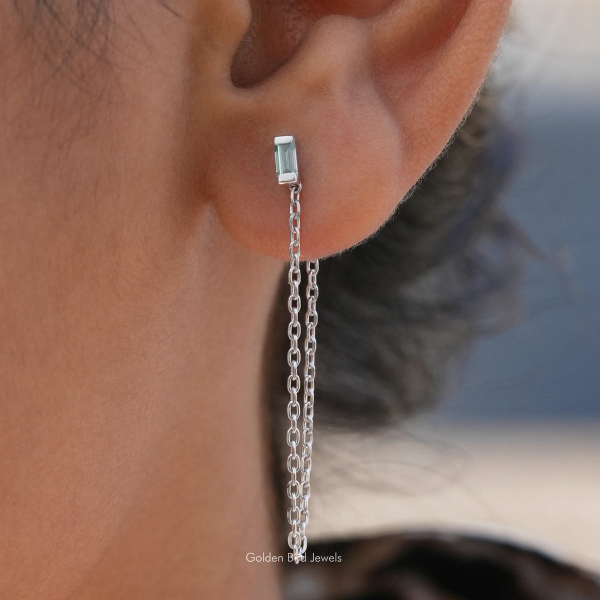 Silver baguette-cut moissanite dangle chain earrings with rectangular stone