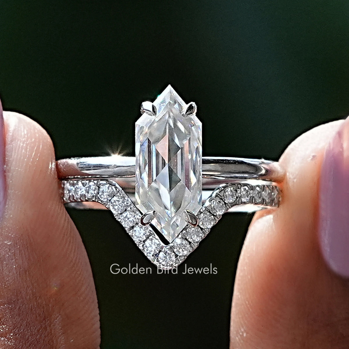 Hexagon-cut moissanite bridal ring set with pavé band