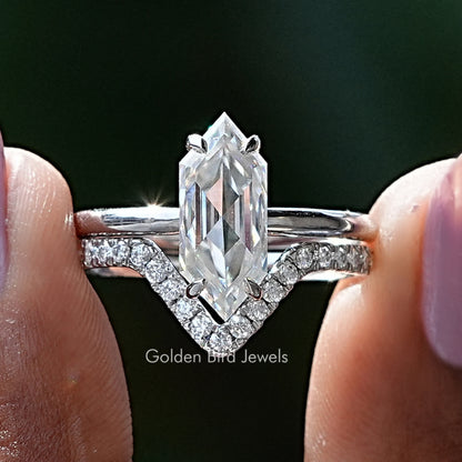Hexagon-cut moissanite bridal ring set with pavé band