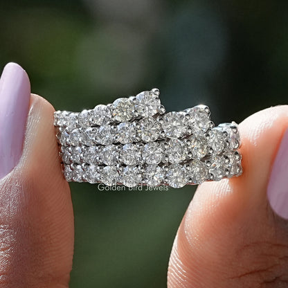 Round moissanite half eternity wedding band with three rows of round stones