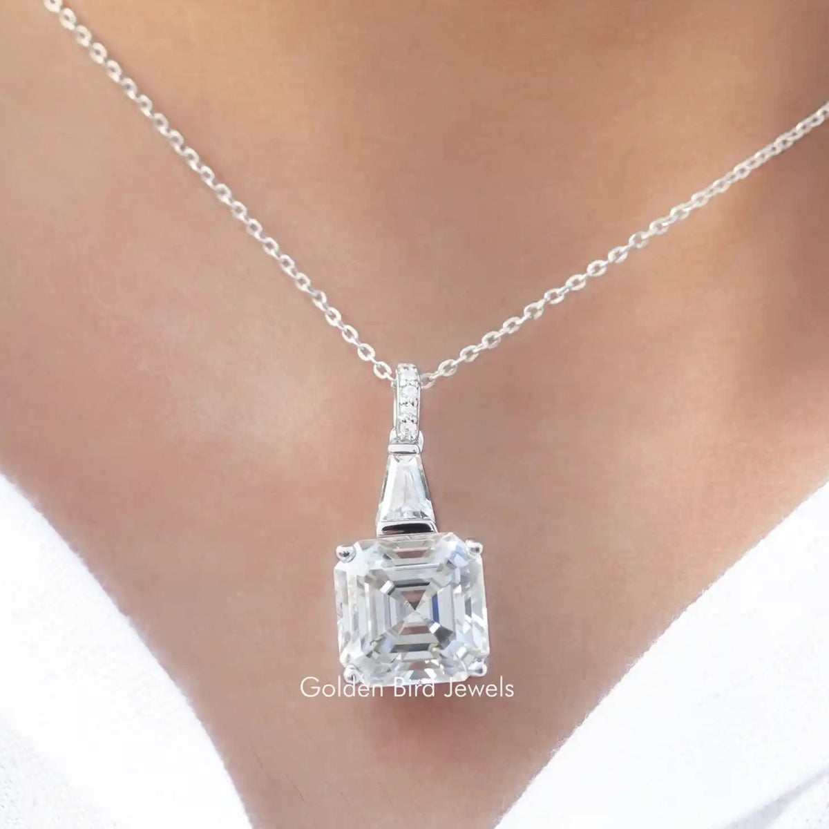 Asscher-cut moissanite pendant on sterling silver chain, square clear stone