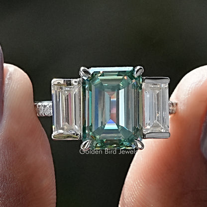 Three-stone emerald-cut moissanite ring, silver with large center square stone