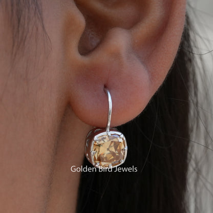Silver cushion-cut moissanite dangle earrings with round stone