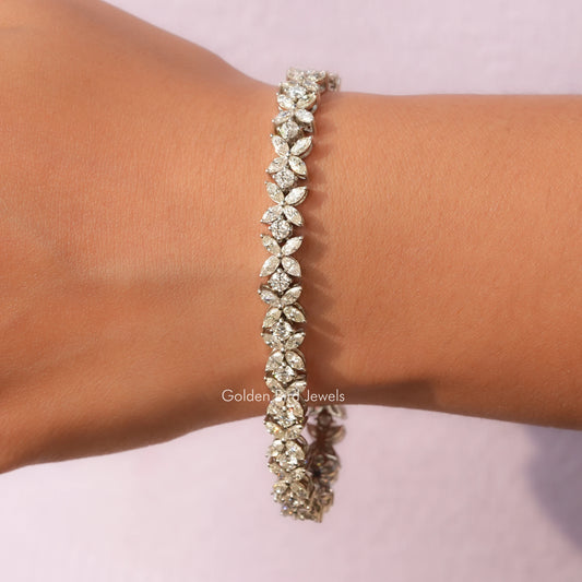 Lab diamond marquise and round stone bracelet in white metal