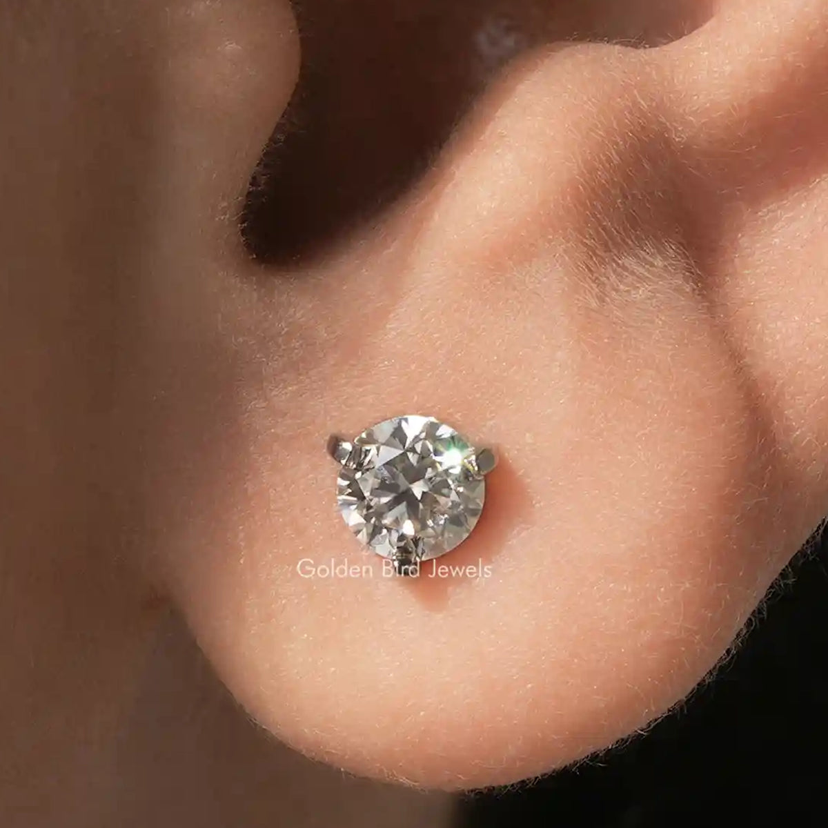 Round moissanite push-back stud earring, round clear stone in silver setting