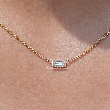 Close up view East West Baguette Cut Lab Diamond Pendant