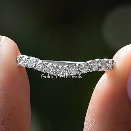 Silver diamond chevron stacking band ring close-up of diamond row