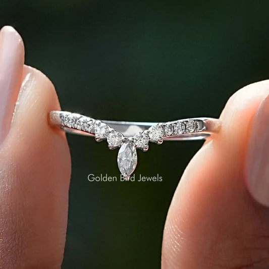 Silver marquise-cut moissanite wedding band with clustered side stones, stackable style