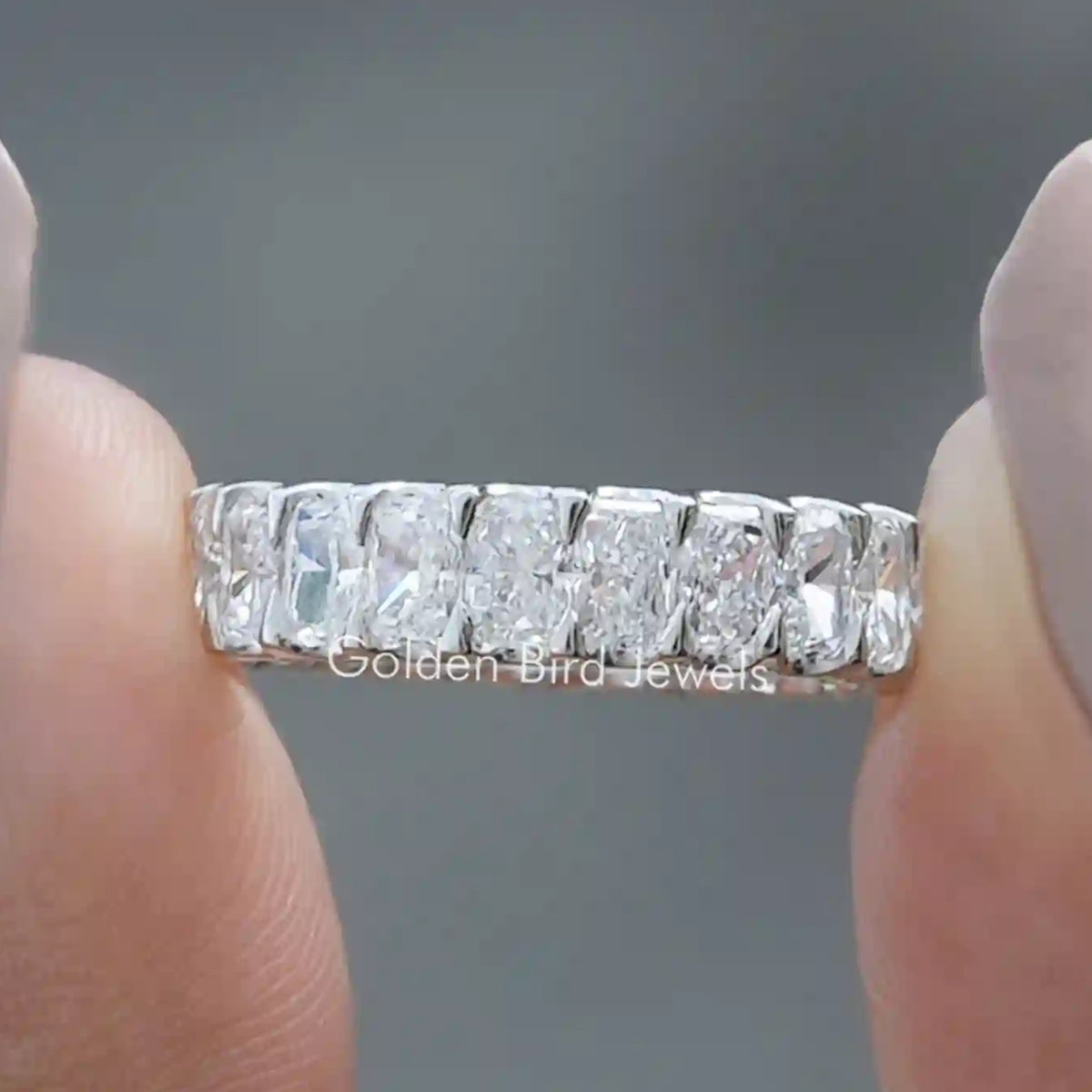 Sterling silver anniversary ring band with rectangular lab-grown diamond accents