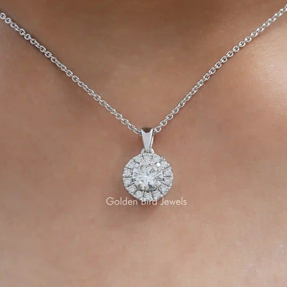 Silver round halo pendant with center stone on cable chain