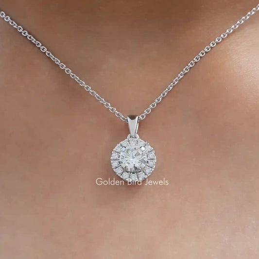 Silver round halo pendant with center stone on cable chain