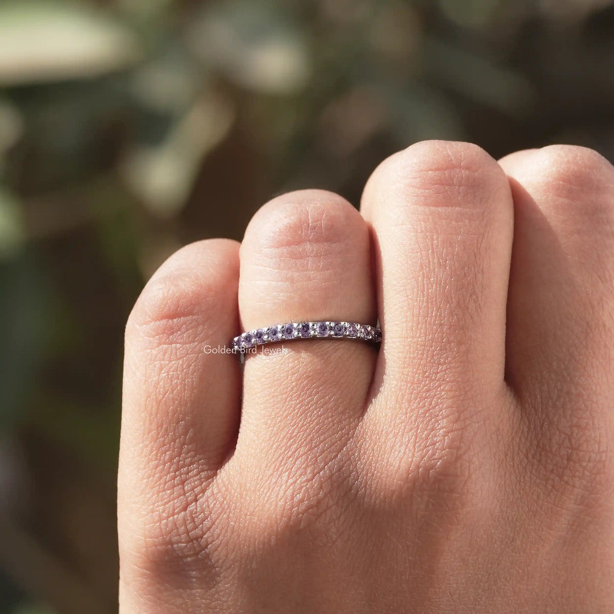 Close view of Blue Round Cut Moissanite Solitaire Ring