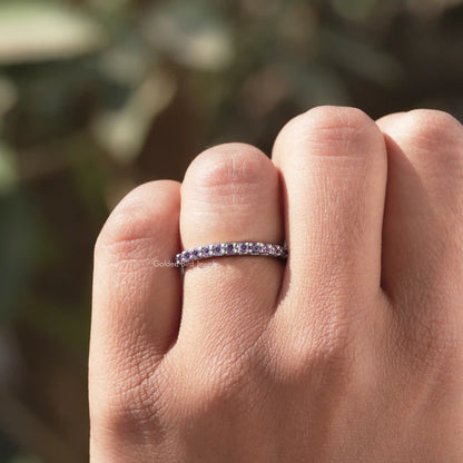 Close view of Blue Round Cut Moissanite Solitaire Ring