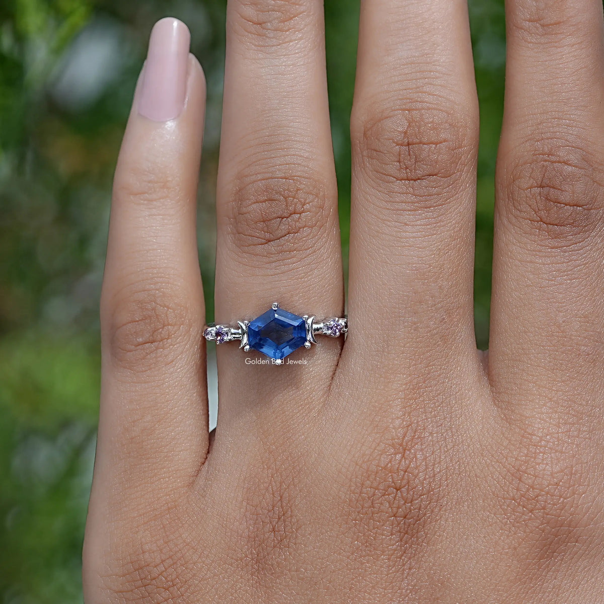 Detailed View Of Hexagon Cut Gemstone Engagement Ring