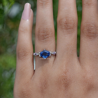 Detailed View Of Hexagon Cut Gemstone Engagement Ring