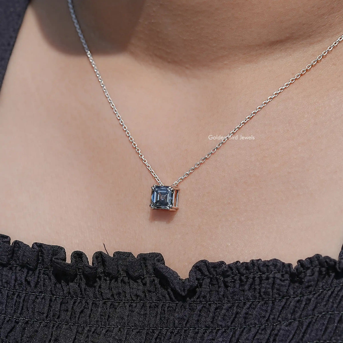neck View of Gray Asscher Cut Moissanite Solitaire Pendant
