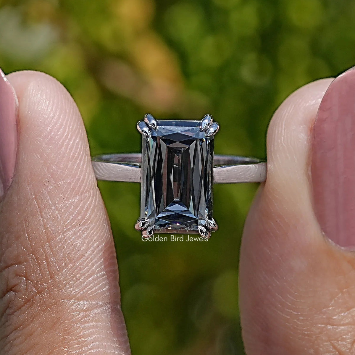 Front View of Gray Criss Cut Moissanite Solitaire Ring