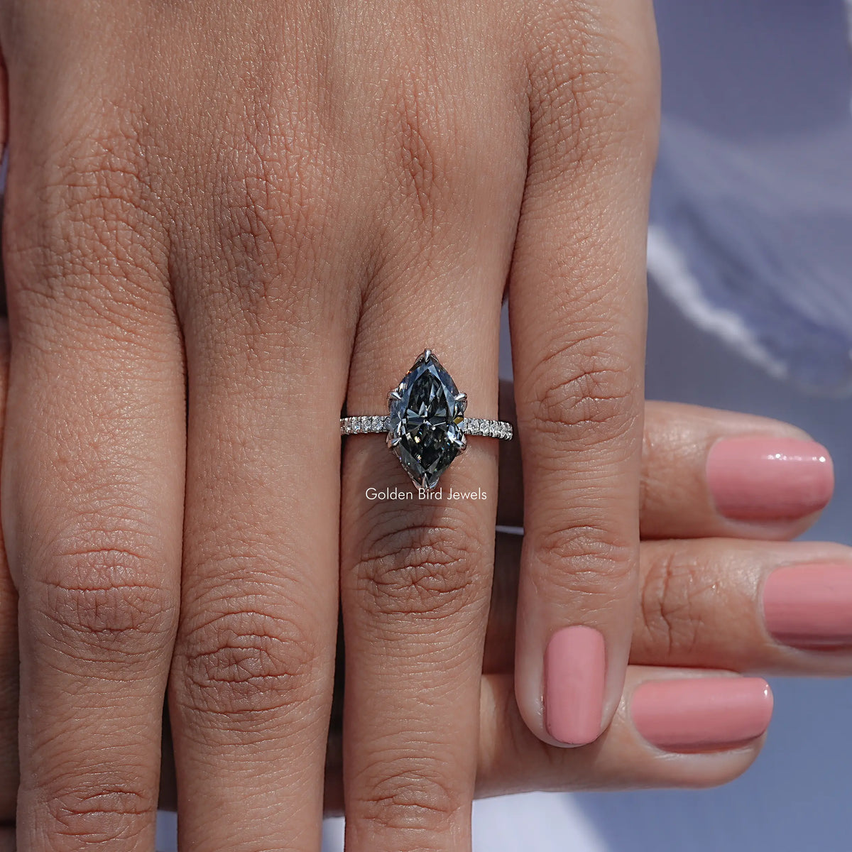 Detailed View Of Marquise Shaped Moissanite Ring
