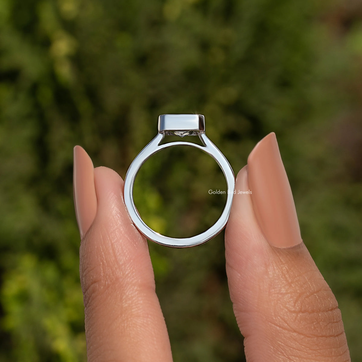 925 sterling silver solitaire ring with square bezel setting, shown from side