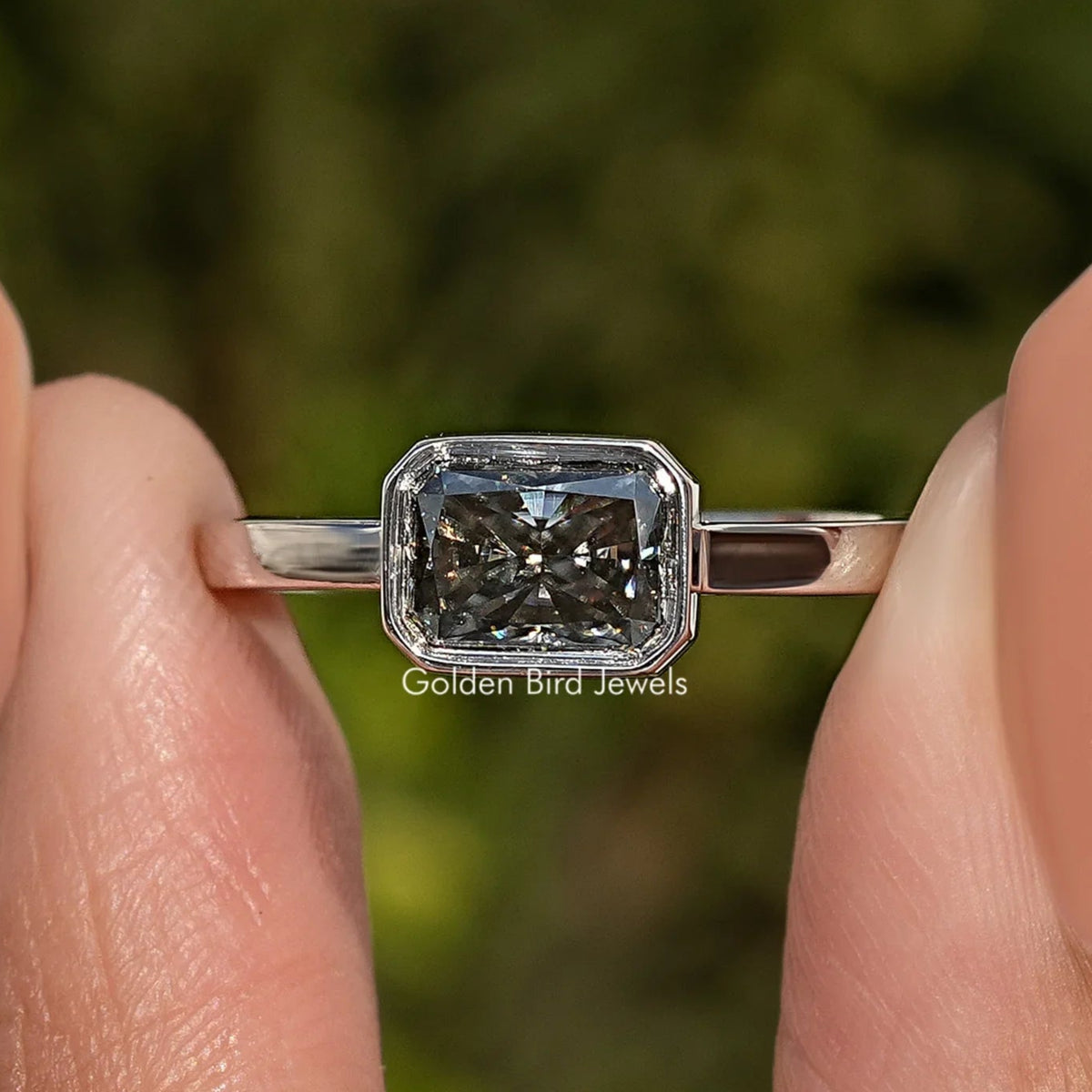 Gray radiant-cut moissanite solitaire ring, square prong-set stone on 925 silver band