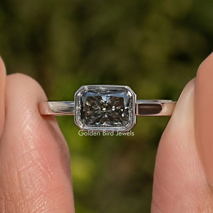Gray radiant-cut moissanite solitaire ring, square prong-set stone on 925 silver band