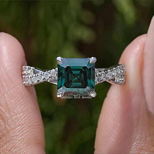 Asscher cut moissanite ring with twisted pave silver band