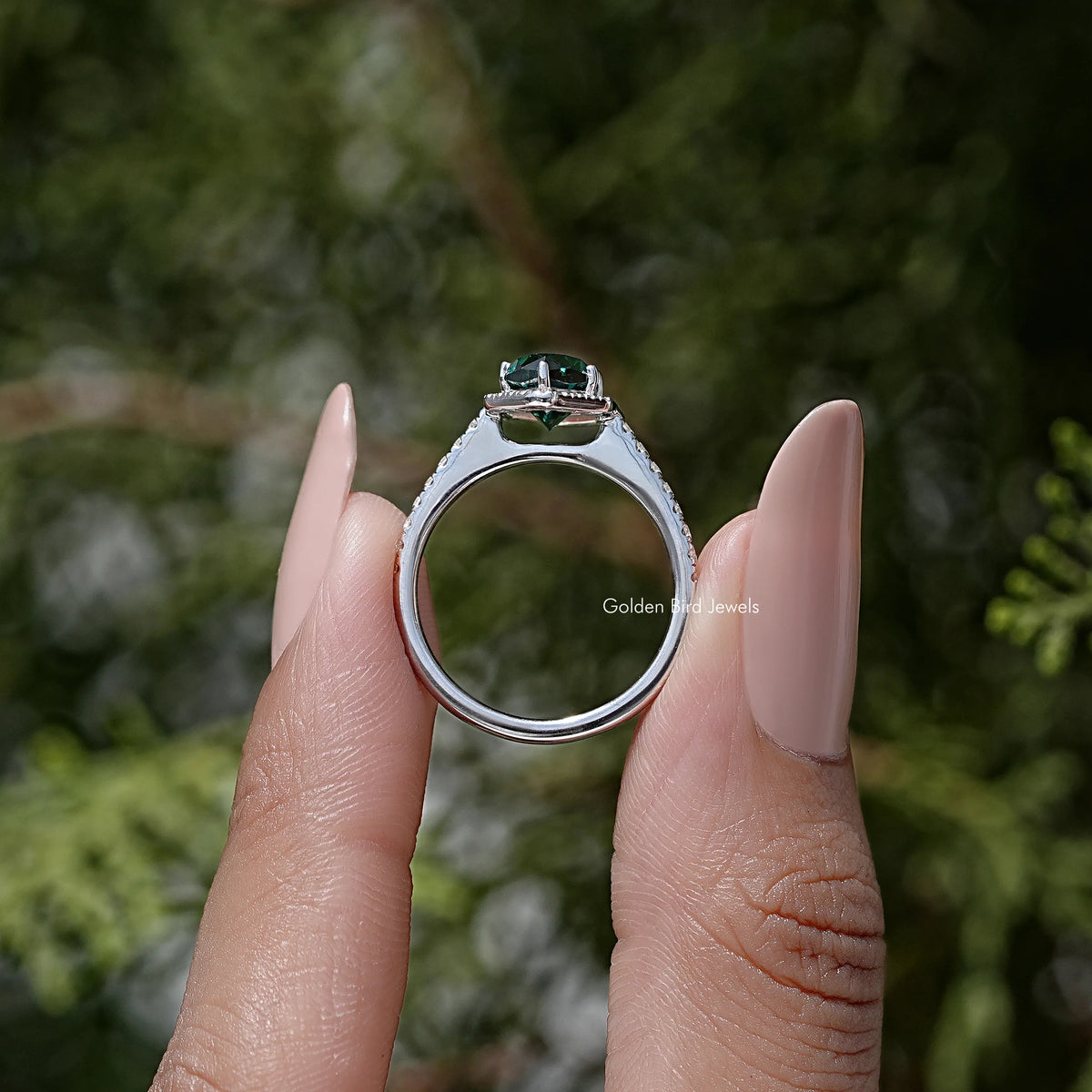 Sterling silver marquise halo accent ring rear view with open band