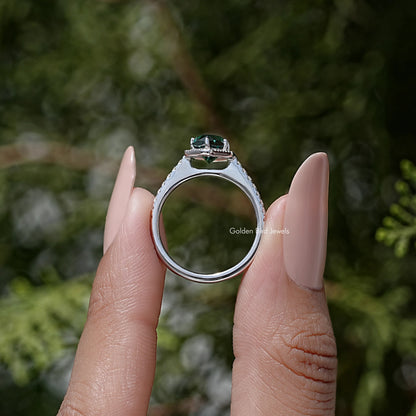 Sterling silver marquise halo accent ring rear view with open band