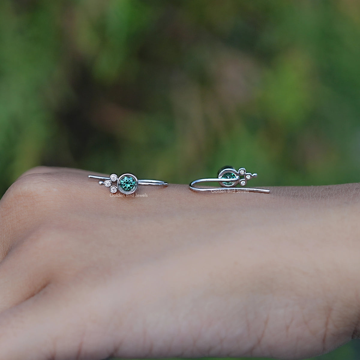 Front And Back Side View Of Green Round Moissanite Earwire Drop Earrings